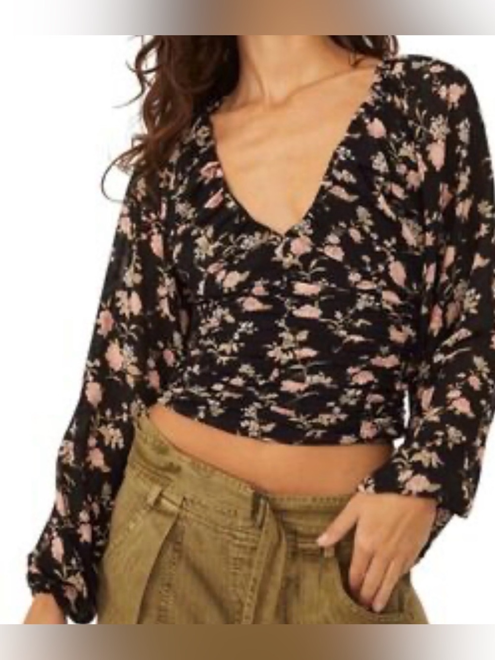 Free People Black V-Neck Floral Smocked Crop Top